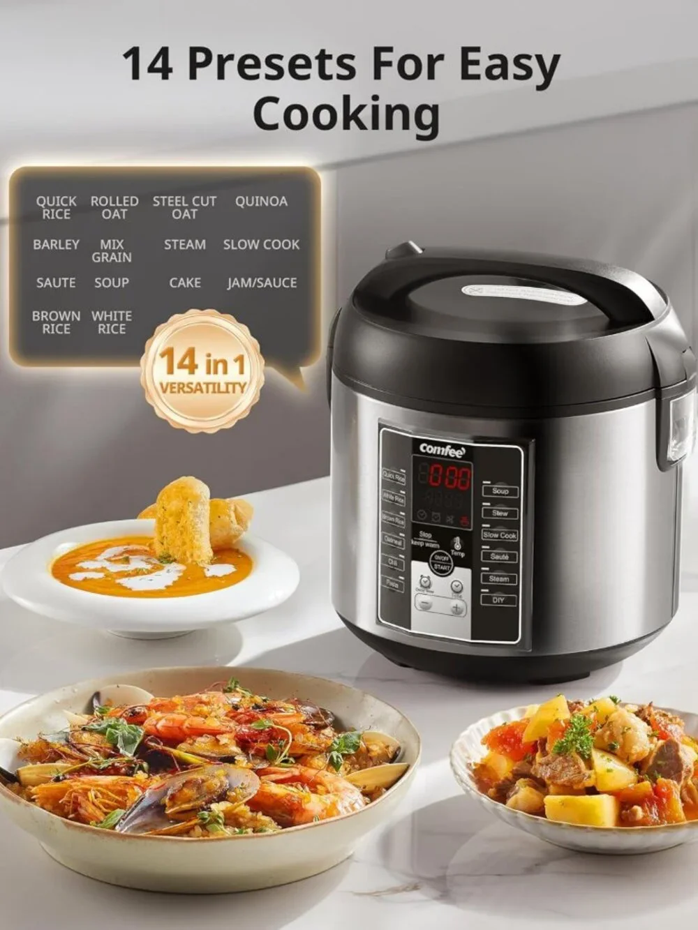 Versatile Rice Cooker with 6 Cooking Functions, Nonstick Pot, 10-Cup Capacity